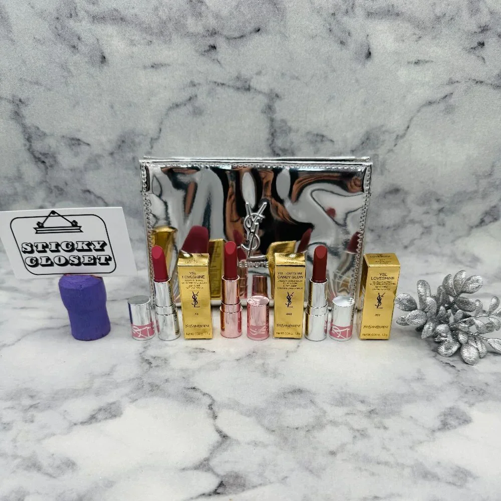 YSL Loveshine Lipstick Set-Silver Pouch, Rosewood Blush &Nude Lavalliere-4pc-NEW